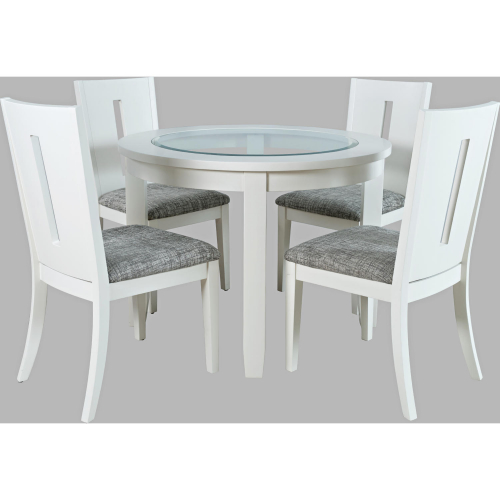 Urban Icon 5 Piece Round Dining Set in White Wood, Glass & Grey Fabric